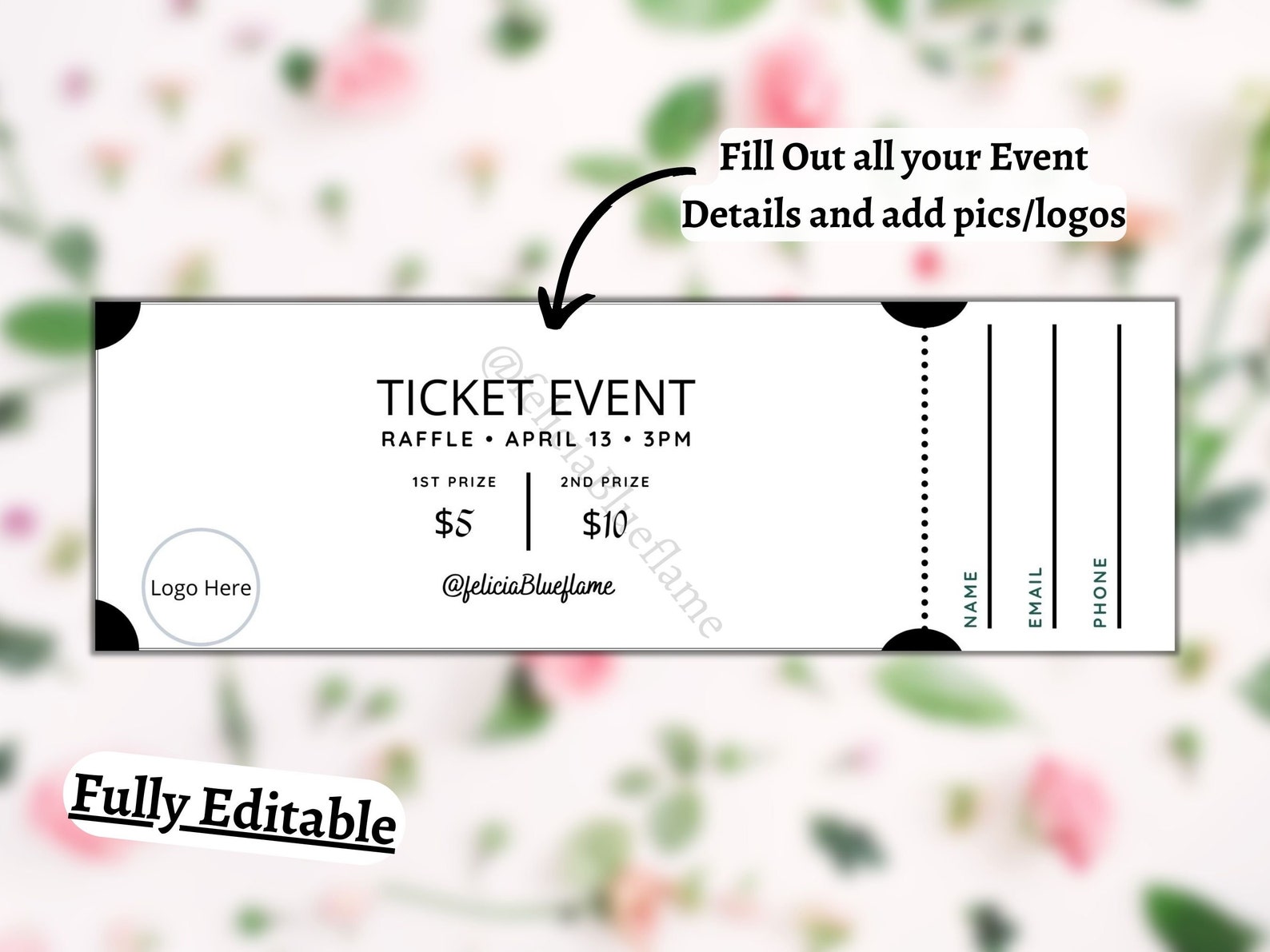 Black and White Ticket, Blank Editable Raffle Template Ticket, Diy
