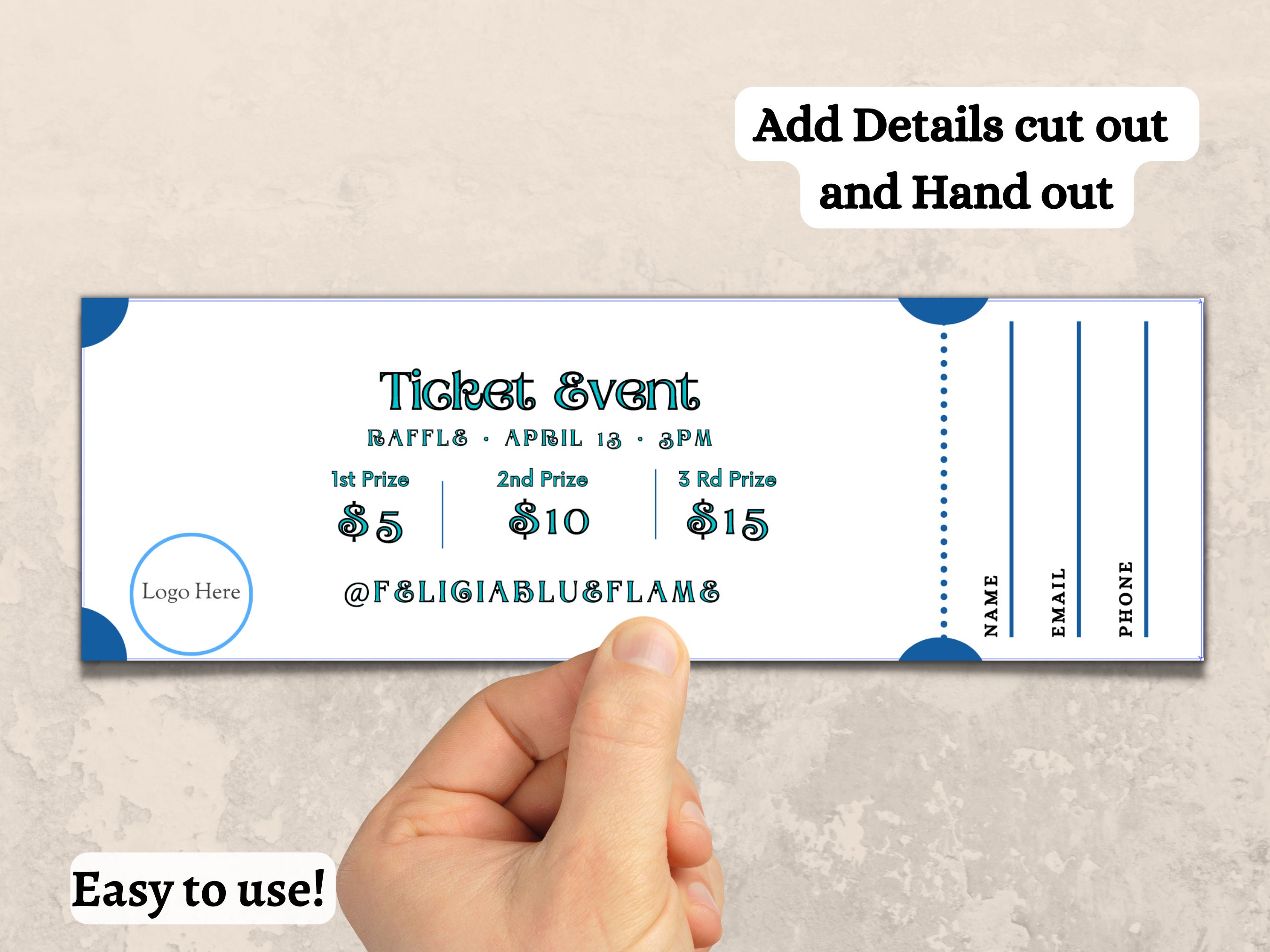 Blue Ticket, Blank Editable Raffle Template Ticket, Diy Ticket, Custom