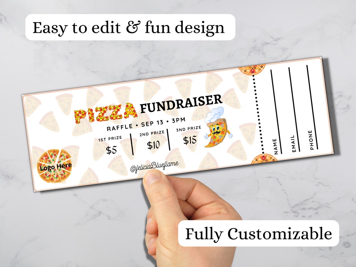 Pizza Ticket, Editable Raffle Template Ticket, Diy Ticket, Custom Ticket, Pizza Fundraiser
