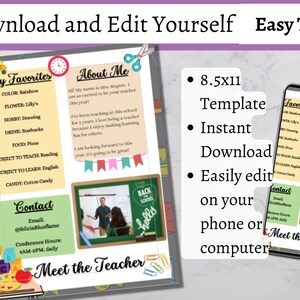 Op de afbeelding: Een afdrukbare "Meet the Teacher" sjabloon met een kleurrijk ontwerp. De sjabloon bevat secties voor favorieten, contactgegevens en een korte introductie. De tekst "Download and Edit Yourself Easy To Use" staat bovenaan. Een smartphone toont de sjabloon.