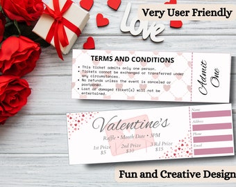 May include: Two Valentine's Day raffle tickets with heart designs. One ticket has terms and conditions, the other has fields for name, address, phone, and email. The tickets are on a wooden surface with roses and a gift box.