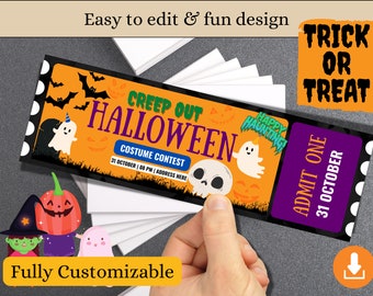 May include: A Halloween ticket design in orange, black, and purple. The ticket reads "Creep Out Halloween Costume Contest" and "Trick or Treat". Illustrations include bats, ghosts, and a skull. The design also features the text "Easy to edit & fun design" and "Fully Customizable".