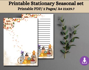 Afdrukbare briefpapierset, herfstthema, kat en schuur, gelinieerd en ongevoerd papier, A4 21x29,7cm, seizoensstationair