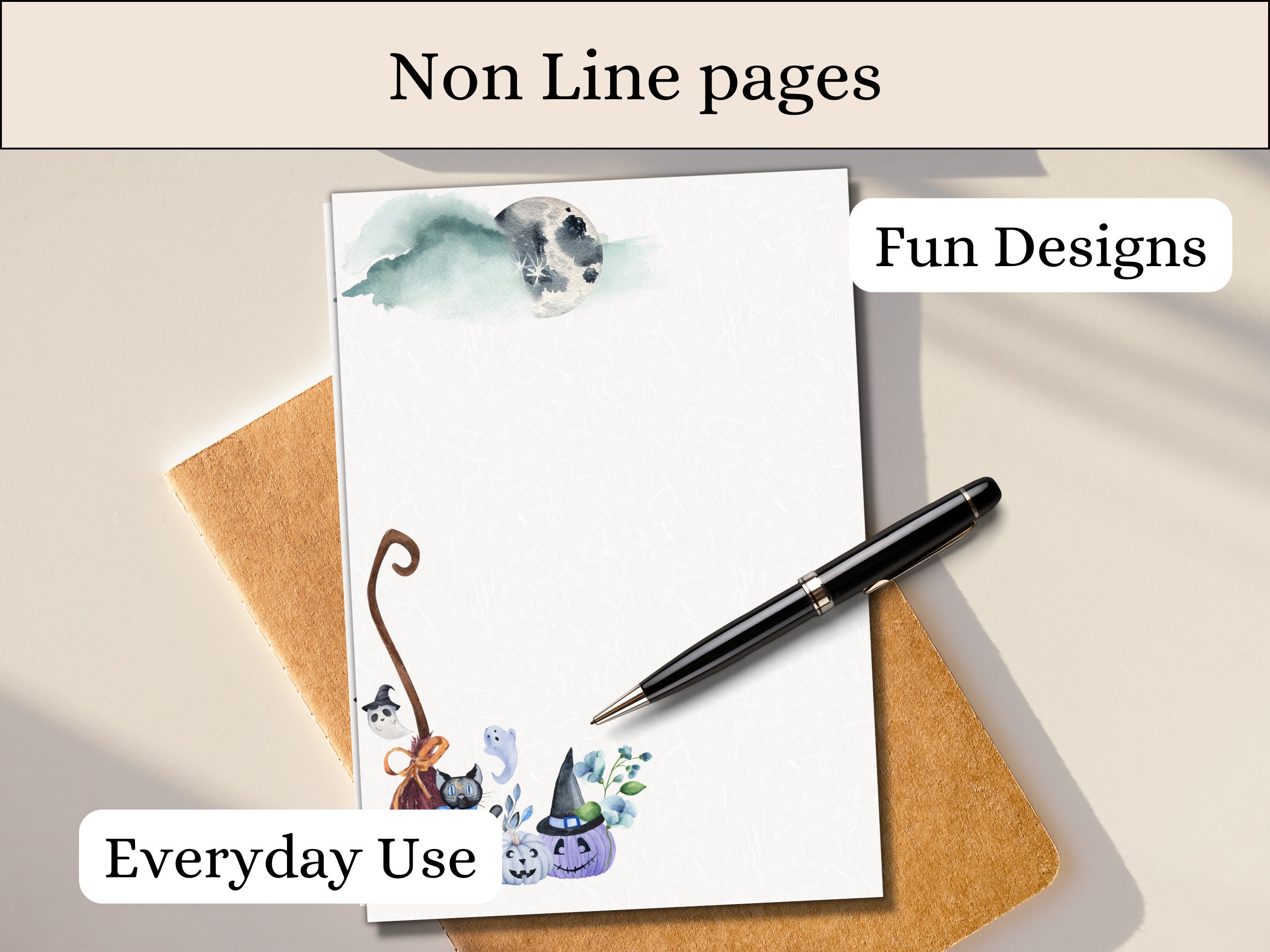 Printable Stationery, Witchy Set, Watercolor Halloween, Lined and ...