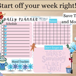 Op de afbeelding: Een dagplanner-pagina met een schema-sectie met blauwe hart-checkboxen, een raster voor notities en een stemmingsmeter met sneeuwvlokgezichtjes. Het ontwerp bevat een peperkoekmannetje, een beker warme chocolademelk en de tekst There's Snowbody Like You.