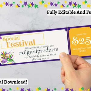 May include: Purple and yellow ticket with the text "Special Festival" and "#digitalproducts". The ticket has a Mardi Gras theme with green, purple, and gold colors. The ticket is for an event on August 20th, 2022 at 3 PM. The ticket price is $25.