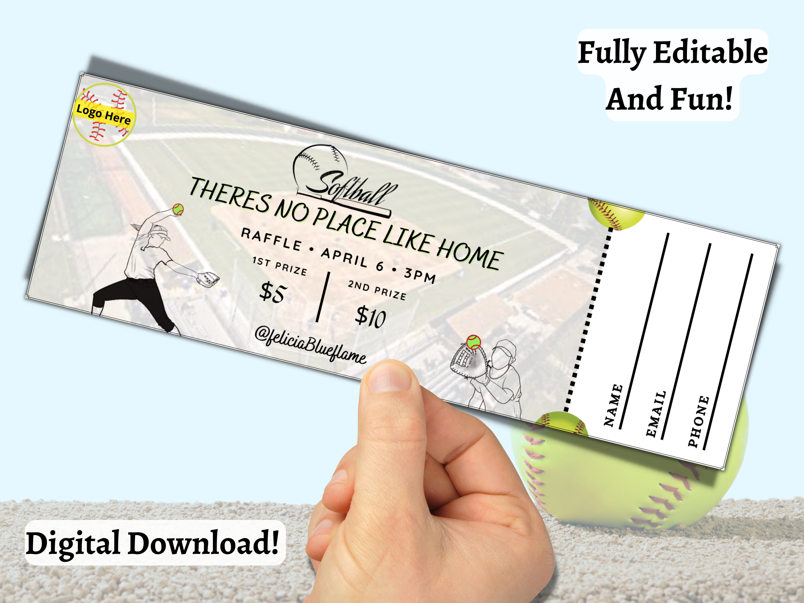 Softball Ticket, Editable Raffle Template Ticket, Diy Ticket, Custom