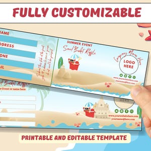 Può includere: Un modello stampabile e modificabile per un biglietto della lotteria di eventi estivi. Il design presenta una scena sulla spiaggia con sabbia, un castello di sabbia e un secchio di giocattoli di sabbia. Il biglietto include campi per nome, indirizzo, telefono ed e-mail.