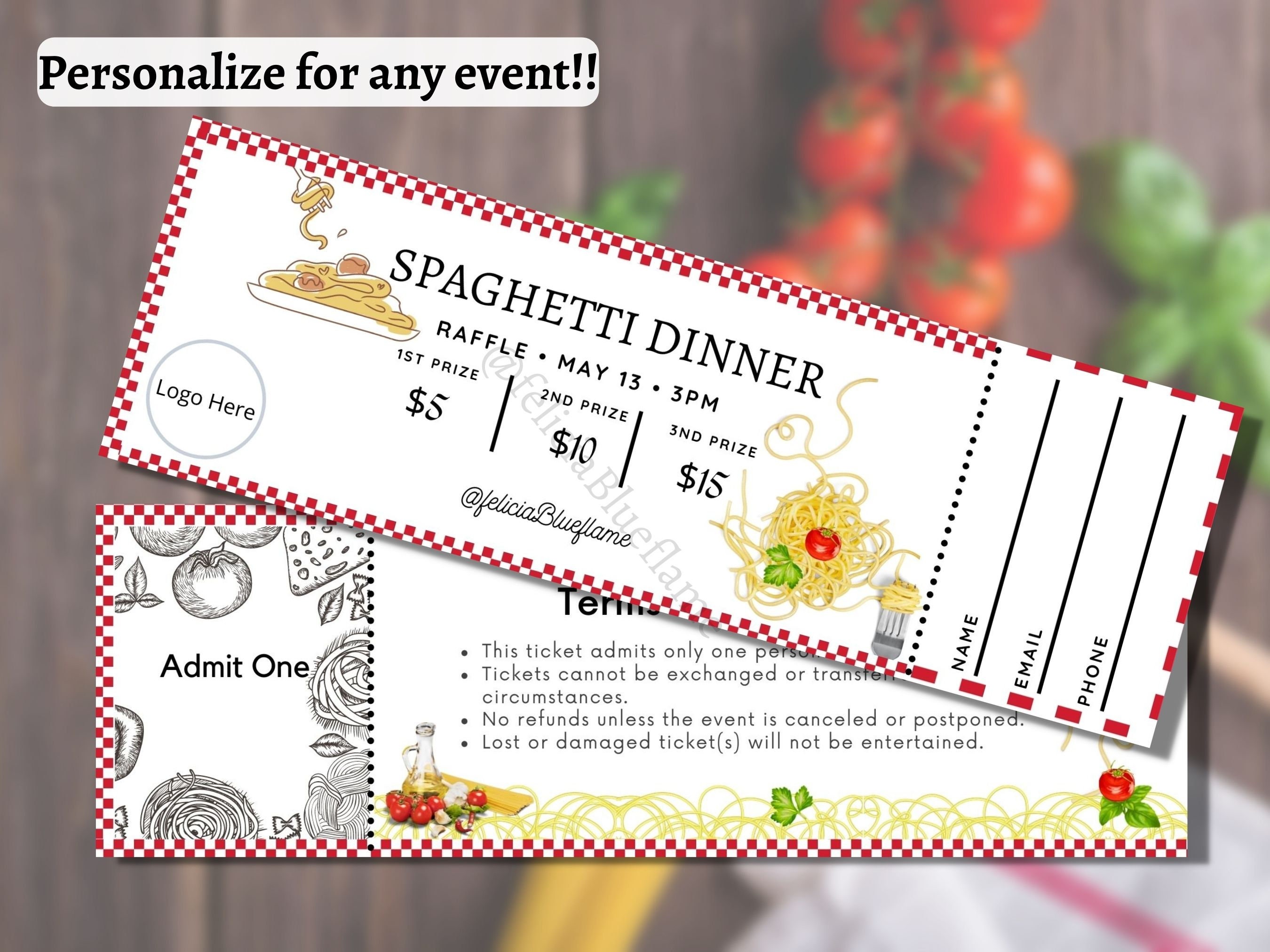 Spaghetti Ticket, Editable Raffle Template Ticket, Diy Ticket, Custom
