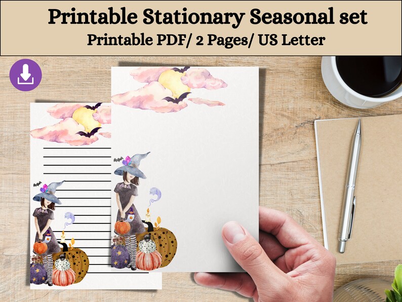 Witch Printable Stationery Set, Witch and Pumpkin Watercolor Halloween, Lined and Unlined Paper ...