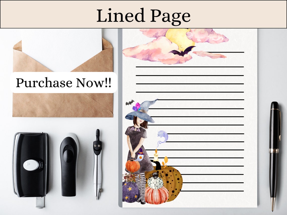 Witch Printable Stationery Set, Witch and Pumpkin Watercolor Halloween, Lined and Unlined Paper ...
