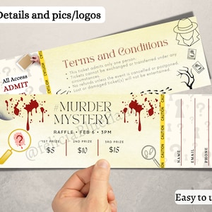 Murder Ticket,  Mystery Ticket, Template Ticket, Diy Ticket, Custom Ticket, Themed Raffle Ticket