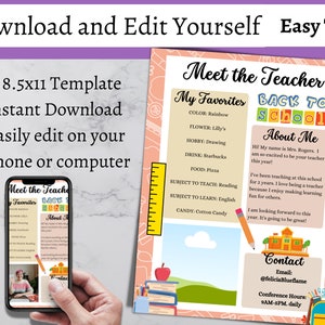 Op de afbeelding: Een afdrukbare "Meet the Teacher"-sjabloon met een Back to School-thema. Het ontwerp bevat ruimte voor de favorieten van een leraar, een korte bio en contactgegevens. De sjabloon wordt getoond op een smartphone en een A4-vel.