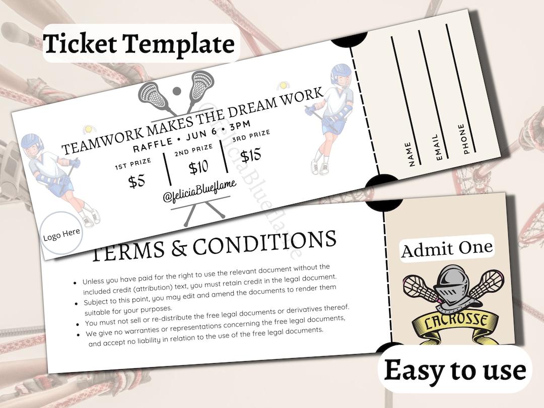 Lacrosse Ticket, Editable Raffle Template Ticket, Diy Ticket, Custom