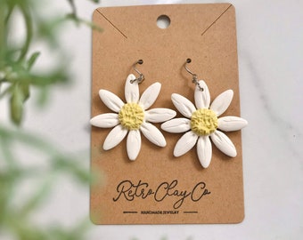 Handmade Polymer Clay Earrings | Lightweight | White and Yellow Daisy Flower | Dangles | Hypoallergenic