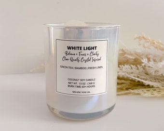 WHITE LIGHT Green Tea Bamboo  Fresh Linen| Crystal Double Wick Candle | Home Fragrance | Home Decor | Gift | Clean Vegan | Minimalist Home