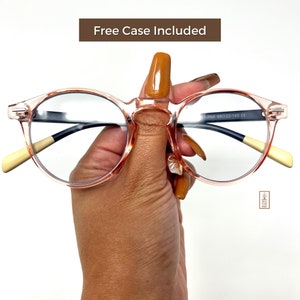 Blue Light Blocking Photochromic Glasses Round Circle Lenses - Pink/ Blue & Cream | Transitions to Sunglasses | Anti- Headache