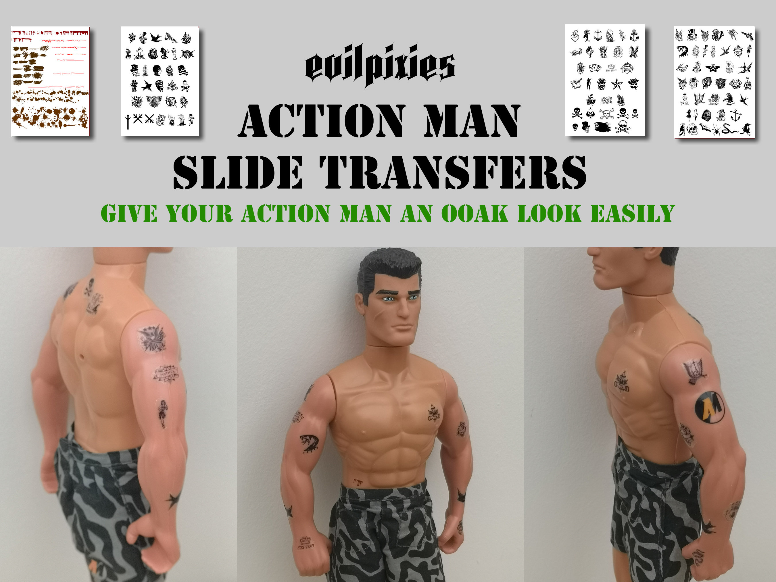 ACTION MAN Slide Transfers Tattoos Wounds Scars Dirt & More Great