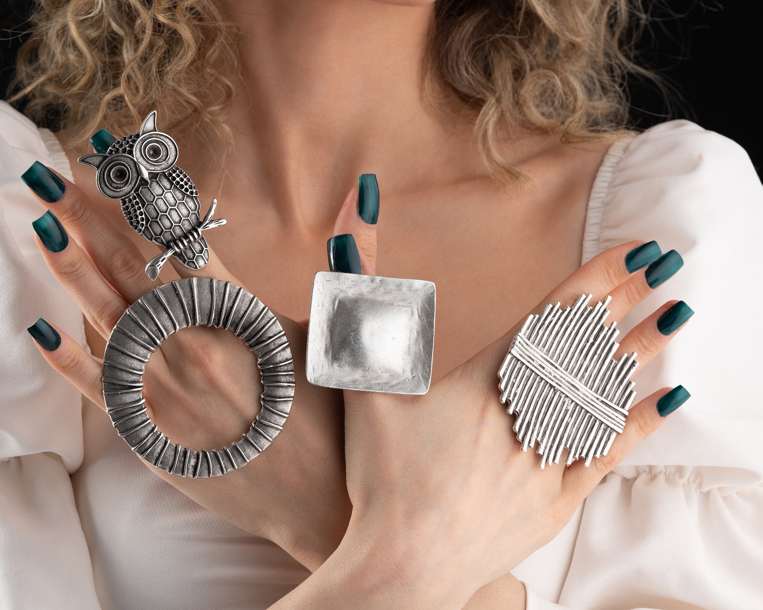 Silver Owl Ring, Large Statement Ring, Square Ring, Knuckle Ring, Full Finger Ring, Chunky Silver Ri