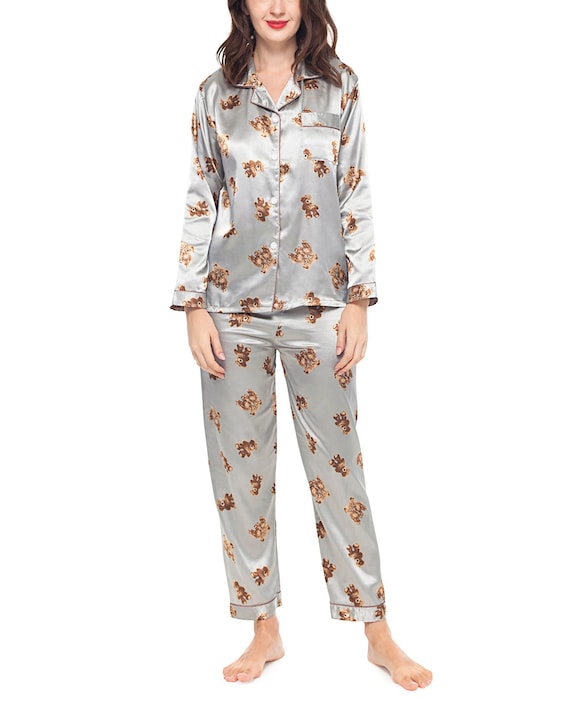Loungeable Teddy Bear Long Shirt And Pants Pajama Set In Cream