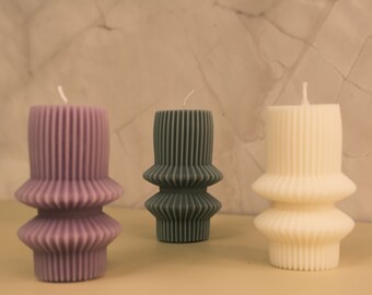 Striped Aesthetic Candle, Tall Pillar Candle, Ribbed Pillar Candle, Wavy Sculptural Candle, Decorative Modern Geometric Candles, Home Decor