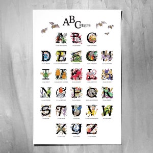 ABCreeps Alphabet Poster | 11x17 Fine art print, Horror Spooky art, Artist Print, Halloween, Letters, Monsters, Zombie, Alien, Ghost, ABCs