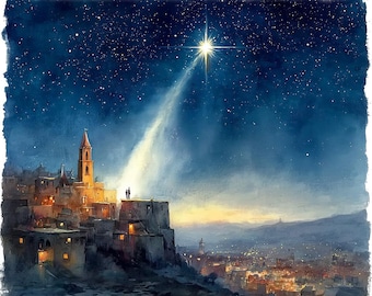 ベツレヘムの星の夜景、街の上のクリスマスの星、キリスト降誕の背景