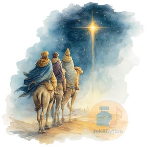 May include: A watercolour illustration depicting three figures on camels, guided by a bright star in a night sky. The figures are robed in blue, purple, and gold. The background shows a starry sky and a desert landscape.