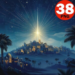 May include: Digital artwork depicting a city at night, illuminated by a radiant starburst against a starry sky. Palm trees frame the scene, with the text "38 PNG" in a red circle.