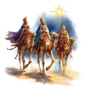 May include: A digital illustration depicting the Three Wise Men on camels, guided by a shining star. The figures wear elaborate robes in shades of purple, blue, and red, with golden crowns. The background shows a night sky and desert scene.