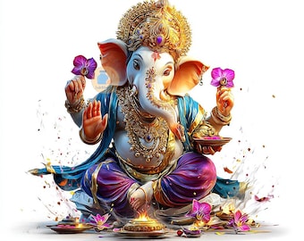 May include: Digital illustration of Lord Ganesha, a Hindu deity, in vibrant colors. Ganesha is depicted with an elephant head, adorned with gold jewelry, and holding purple flowers. The image includes the text "Lord Ganesha" and "22 PNG + TRANSPARENT".