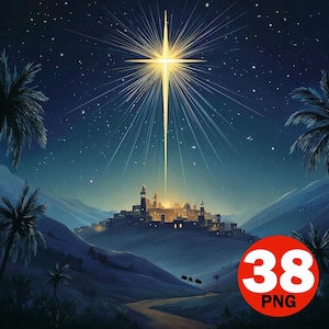 Op de afbeelding: Digitale illustratie van een nachtscène met een heldere ster boven een stad. De ster heeft lange lichtstralen. De stad ligt in een vallei met palmbomen en een weg die er naartoe leidt. De afbeelding heeft een donkerblauw en goudkleurig kleurenschema.