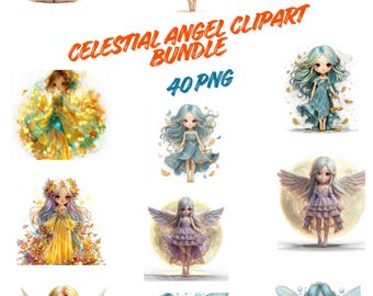 Celestial Angel Clipart Bundle, 40 PNG Graphics