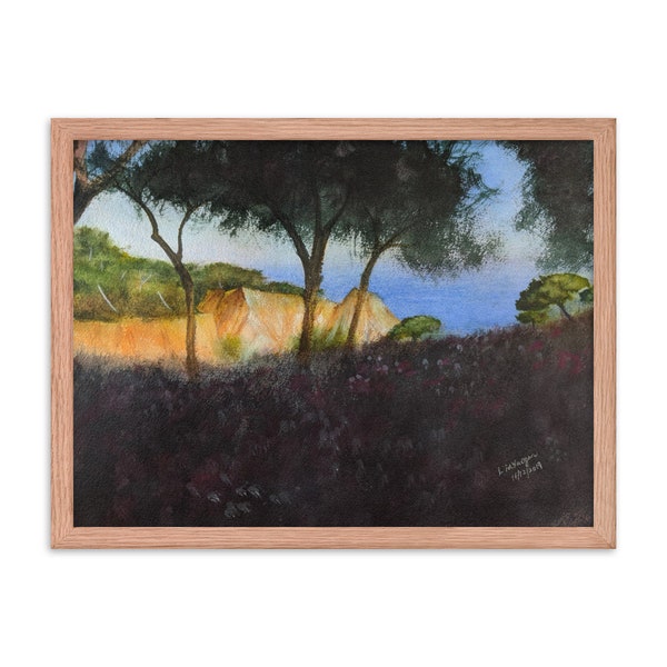 Sandstein Klippe an Portugal Küste gerahmt Druck von Original AquarellMalerei