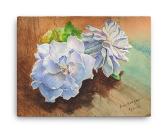Impression sur toile de deux fleurs de jasmin de cape à partir de la peinture à l’aquarelle originale