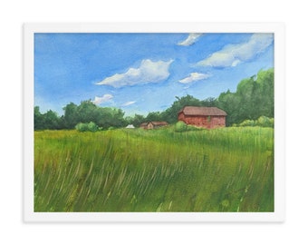 Red barn at Olana house framed print of original watercolor painting