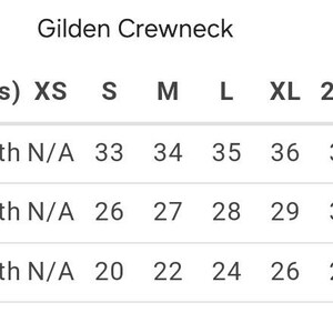 May include: A size chart for Gildan crewneck shirts, showing measurements in inches for sleeve length, full body length, and body width. Sizes range from XS to 5XL.