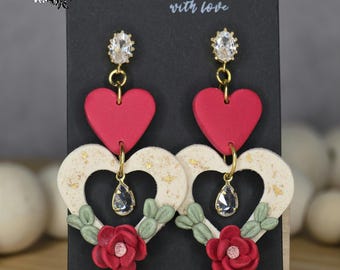 Heart Dangle Earrings, Clay Earrings, Valentines Day Earrings, Earrings for Her, Heart Earrings, Dangle Earrings, Clay Heart Earrings, Gifts