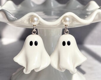 3D Ghost Earrings | Polymer Clay Halloween Earrings | Pearl Ghost Dangles | Spooky Statement Earrings | Handmade Ghost Jewelry
