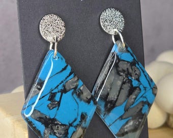 Teal Marble Dangle Earrings, Polymer Clay Earrings, Diamond Shaped Earrings, Teal Earrings, Custom Earrings, Gifts, Teal Diamond Earrings