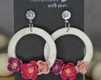 Round Floral Clay Earrings, Spring Earrings, Custom Clay Earrings, Floral Earrings, Flower Earrings, Floral Dangle Earrings, Gift For Her