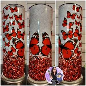Butterfly Tumbler, Glitter Tumbler, Gift For Her, Gift For Mom, Mothers Day Gift, Red Butterfly Tumbler, Coffee Tumbler, Coffee Cup, Custom