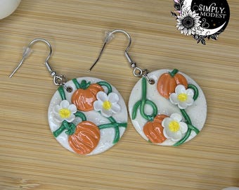 Pumpkin Dangle Earrings, Fall Earring, Floral Earring, Polymer Clay Earrings, Gifts for Her, Pumpkin and Flower Fall Earring, Custom Earring
