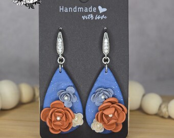 Floral Dangle Earrings, Clay Earrings, Floral Earrings, Royal Blue Earrings, Gifts For Her, Wedding Earrings, Royal Blue Earrings, Custom
