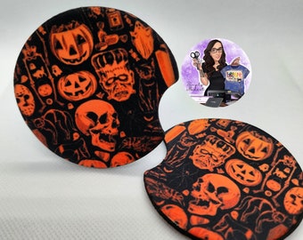 Vintage Halloween Car Coaster Set, Halloween Ghost Coaster, Halloween Car Accessories, Fall Car Coaster Set, Pumpkin Gift Neoprene Coaster
