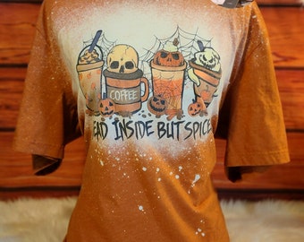 Dead Inside But Spiced, Bleached Halloween Tee, Halloween Coffee Tshirt, Bleached Coffee Shirt, Skeleton Tee, Funny Halloween Shirt, Humor