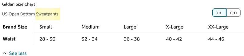 May include: Gildan size chart for US Open Bottom Sweatpants, showing waist measurements in inches for sizes small, medium, large, X-large, and XX-large.