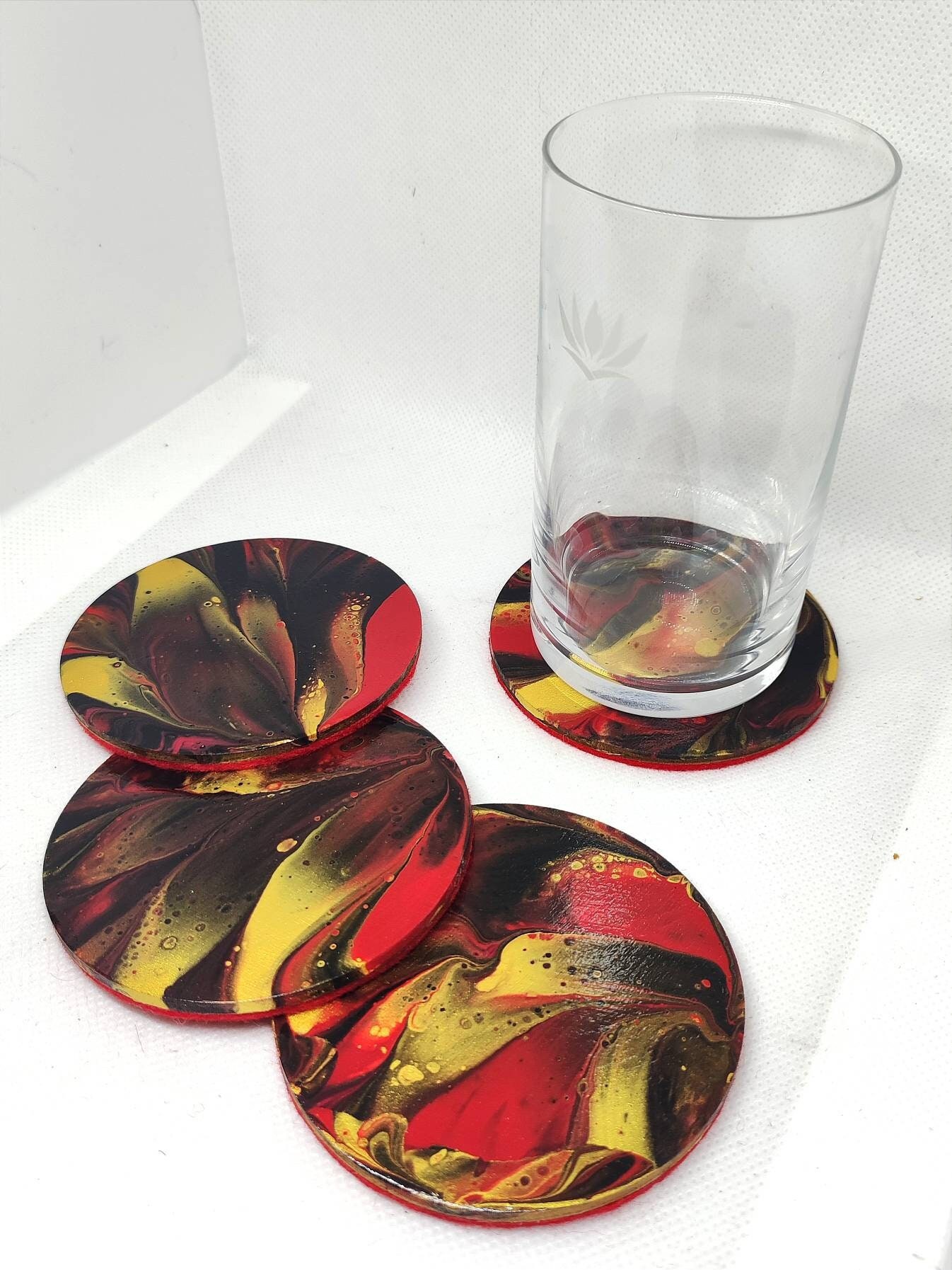 Sous-Verre Abstrait Fire - Acrylique Pouring Set de 4