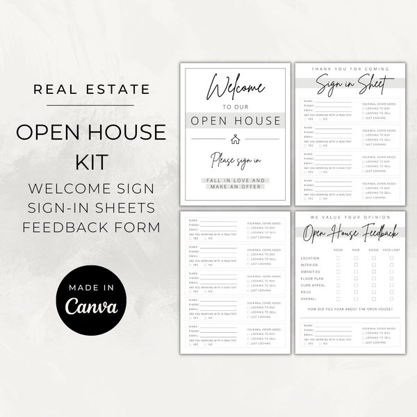 Open House Sign In Sheet / Welcome Sign / Feedback Form / Printable Canva Templates / Real Estate Marketing / Realtor Agents / Questionnaire