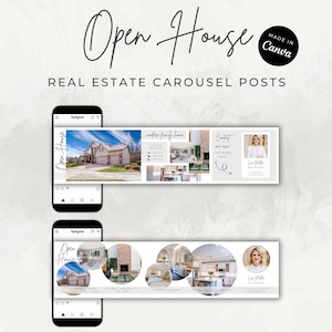 May include: Two smartphones displaying Instagram carousel posts for real estate. The posts feature images of homes, text that reads "Open House" and "Real Estate Carousel Posts", and a "Made in Canva" logo.
